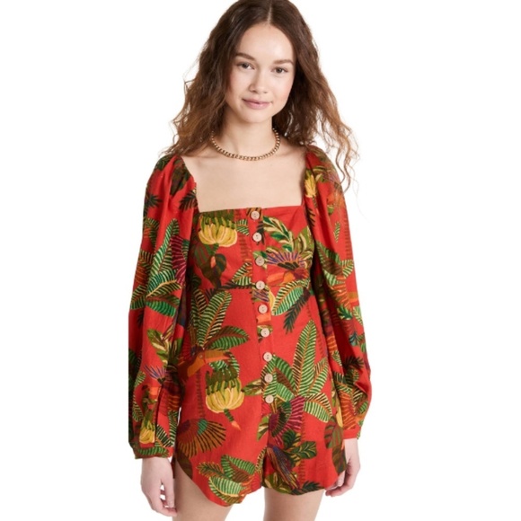 FARM Rio Pants - FARM RIO‎ Orange pelican linen romper with tropical print | Small *